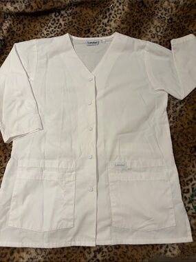 Landau White Button-Front Medical Jacket